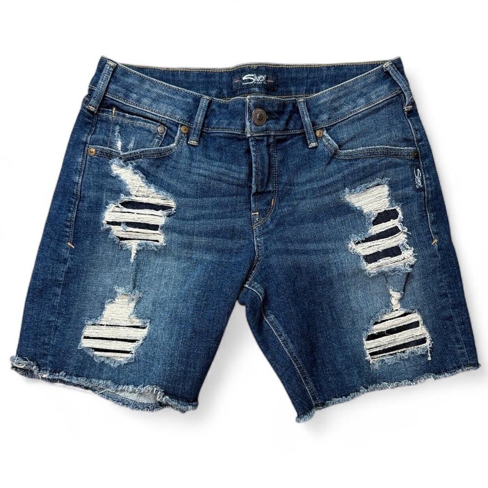 NWT Silver Jeans Sam Bermuda Blue Distressed Jean Shorts